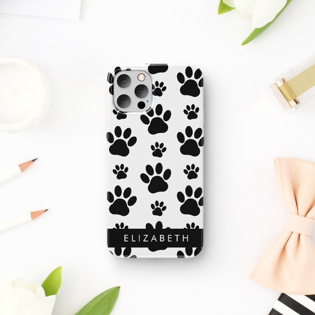 Paw Pattern, Dog Paws, Black and White, Your Name iPhone 16 Case (Creator Uploaded)