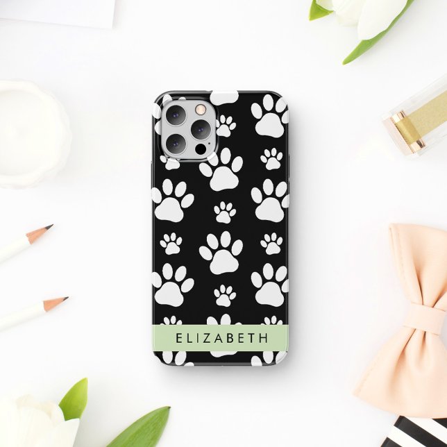 Paw Pattern, Dog Paws, Black and White, Your Name iPhone 16 Case (Creator Uploaded)