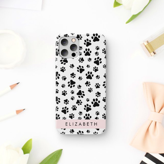 Paw Pattern, Dog Paws, Black and White, Your Name iPhone 16 Case (Creator Uploaded)