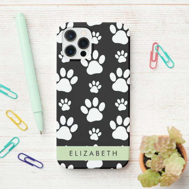 Paw Pattern, Dog Paws, Black and White, Your Name iPhone Case (On Desk)