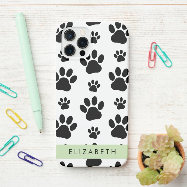 Paw Pattern, Dog Paws, Black and White, Your Name iPhone Case (On Desk)