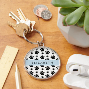 Paw Pattern, Dog Paws, Black and White, Your Name Key Ring