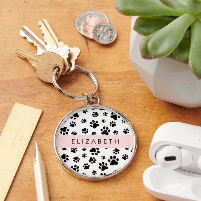 Paw Pattern, Dog Paws, Black and White, Your Name Key Ring (Desk)
