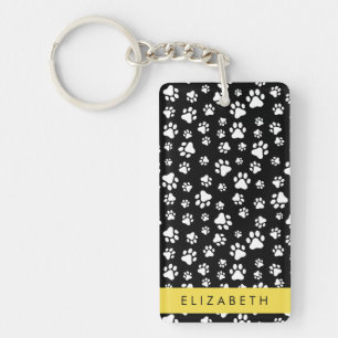 Paw Pattern, Dog Paws, Black and White, Your Name Key Ring