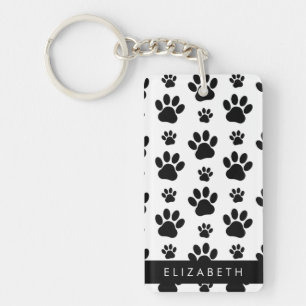 Paw Pattern, Dog Paws, Black and White, Your Name Key Ring