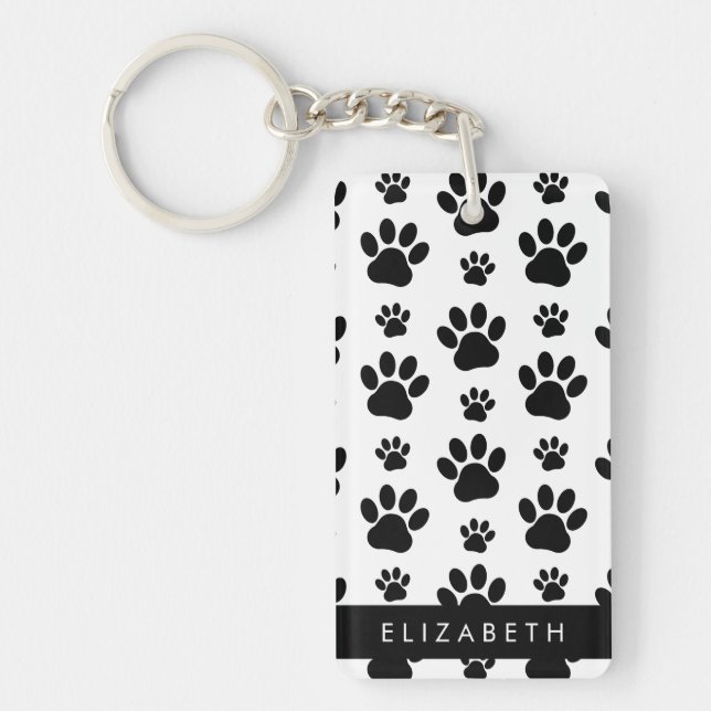 Paw Pattern, Dog Paws, Black and White, Your Name Key Ring (Front)
