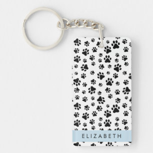 Paw Pattern, Dog Paws, Black and White, Your Name Key Ring