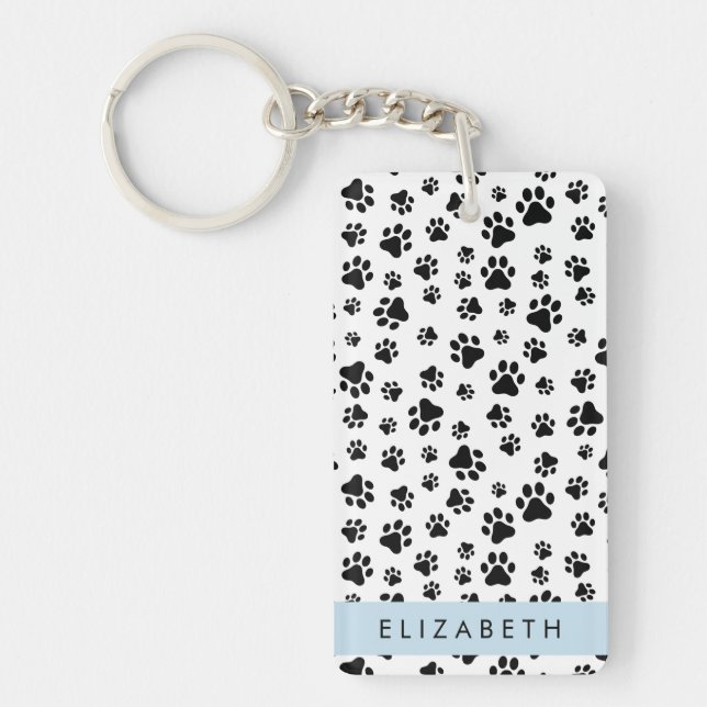 Paw Pattern, Dog Paws, Black and White, Your Name Key Ring (Front)