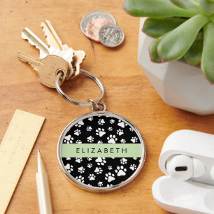 Paw Pattern, Dog Paws, Black and White, Your Name Key Ring