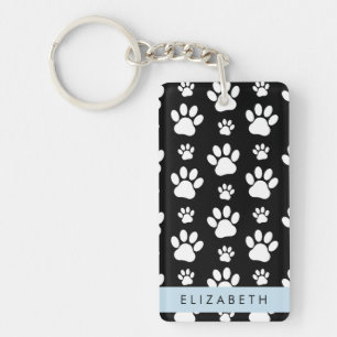 Paw Pattern, Dog Paws, Black and White, Your Name Key Ring