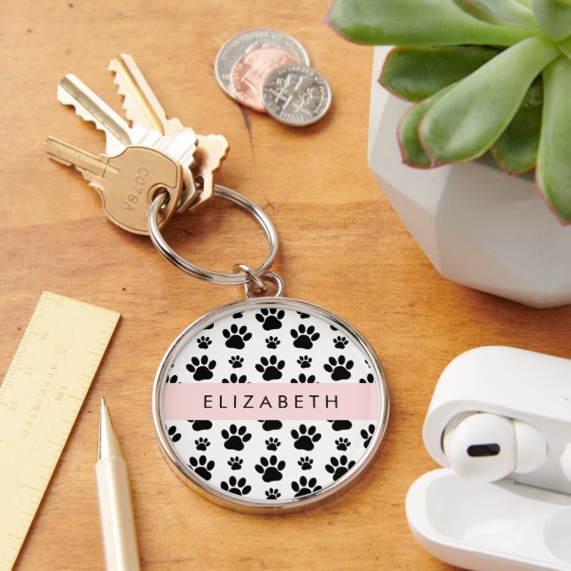 Paw Pattern, Dog Paws, Black and White, Your Name Key Ring (Desk)