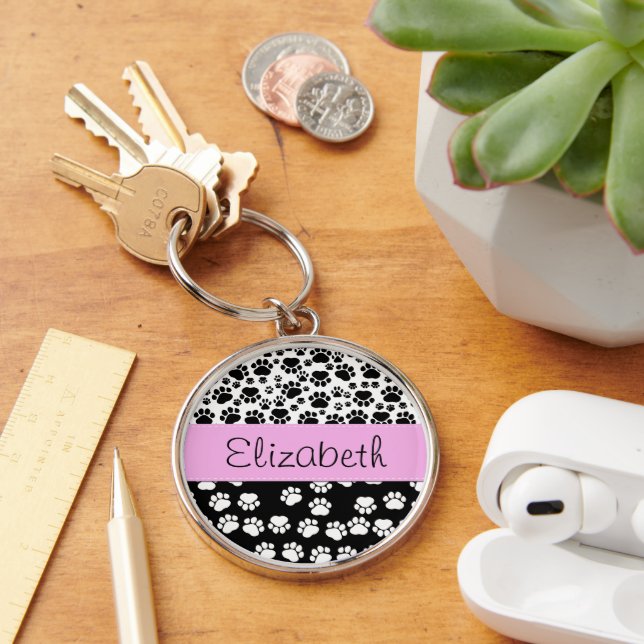 Paw Pattern, Dog Paws, Black and White, Your Name Key Ring (Desk)