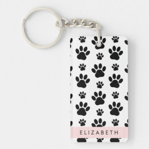 Paw Pattern, Dog Paws, Black and White, Your Name Key Ring