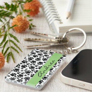 Paw Pattern, Dog Paws, Black and White, Your Name Key Ring
