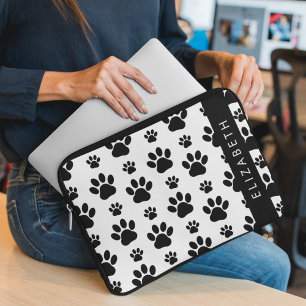 Paw Pattern, Dog Paws, Black and White, Your Name Laptop Sleeve
