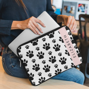 Paw Pattern, Dog Paws, Black and White, Your Name Laptop Sleeve