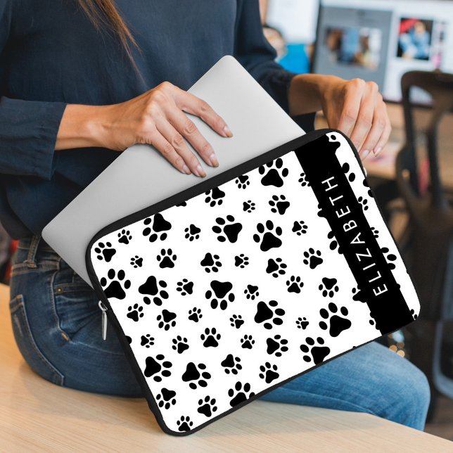 Paw Pattern, Dog Paws, Black and White, Your Name Laptop Sleeve (Creator Uploaded)