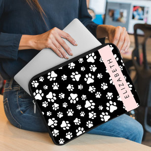Paw Pattern, Dog Paws, Black and White, Your Name Laptop Sleeve
