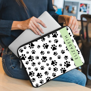 Paw Pattern, Dog Paws, Black and White, Your Name Laptop Sleeve