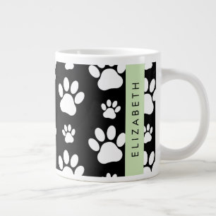 Paw Pattern, Dog Paws, Black and White, Your Name Large Coffee Mug
