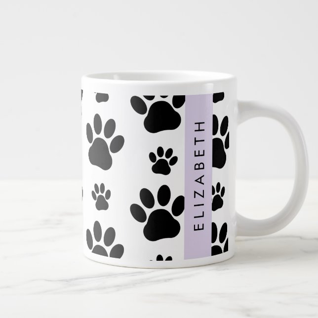 Paw Pattern, Dog Paws, Black and White, Your Name Large Coffee Mug (Right)