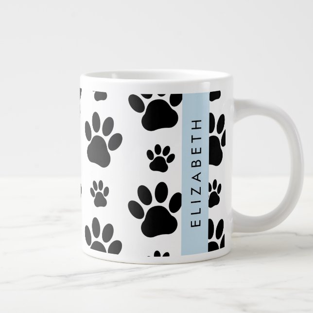 Paw Pattern, Dog Paws, Black and White, Your Name Large Coffee Mug (Right)