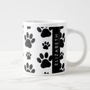 Paw Pattern, Dog Paws, Black and White, Your Name Large Coffee Mug