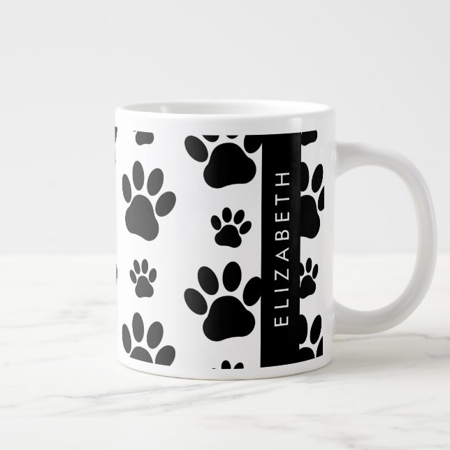 Paw Pattern, Dog Paws, Black and White, Your Name Large Coffee Mug (Right)