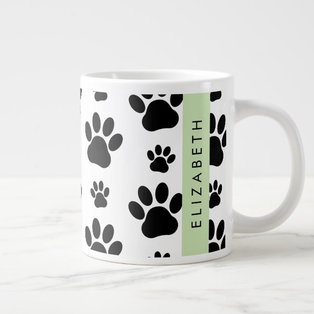 Paw Pattern, Dog Paws, Black and White, Your Name Large Coffee Mug (Right)