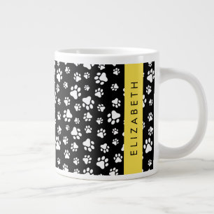 Paw Pattern, Dog Paws, Black and White, Your Name Large Coffee Mug