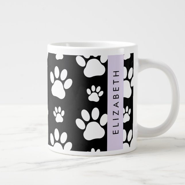 Paw Pattern, Dog Paws, Black and White, Your Name Large Coffee Mug (Right)