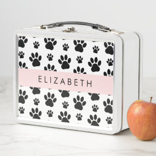Paw Pattern, Dog Paws, Black and White, Your Name Metal Lunch Box