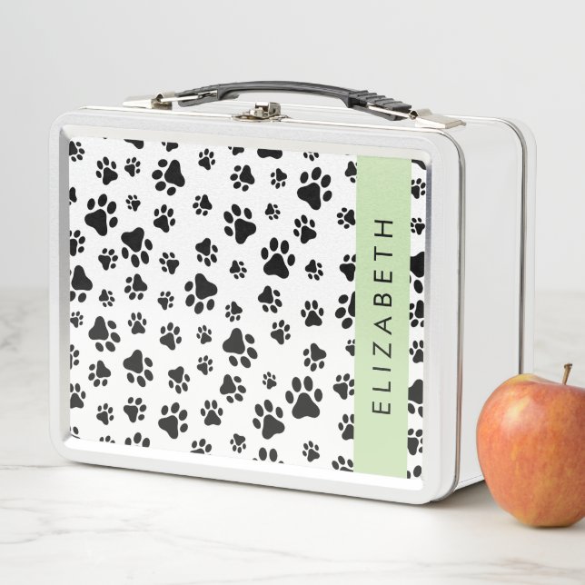 Paw Pattern, Dog Paws, Black and White, Your Name Metal Lunch Box (In Situ)