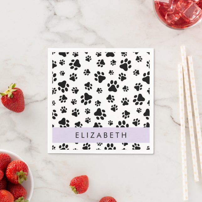 Paw Pattern, Dog Paws, Black and White, Your Name Napkin (Insitu)