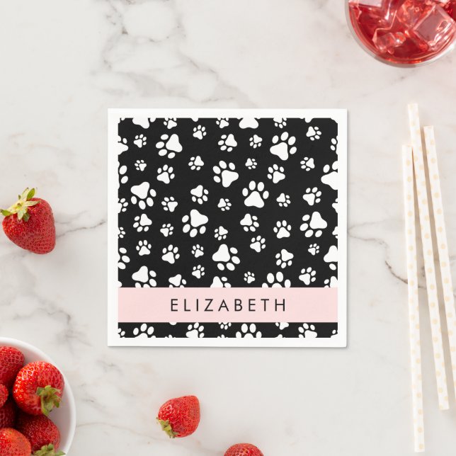 Paw Pattern, Dog Paws, Black and White, Your Name Napkin (Insitu)