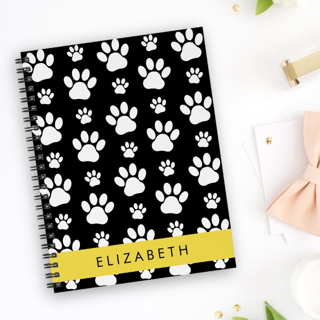 Paw Pattern, Dog Paws, Black and White, Your Name Notebook (Creator Uploaded)