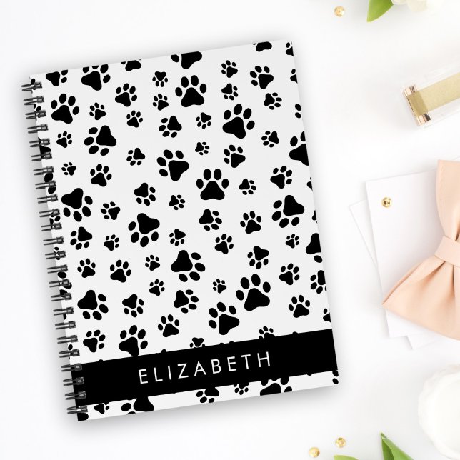 Paw Pattern, Dog Paws, Black and White, Your Name Notebook (Creator Uploaded)