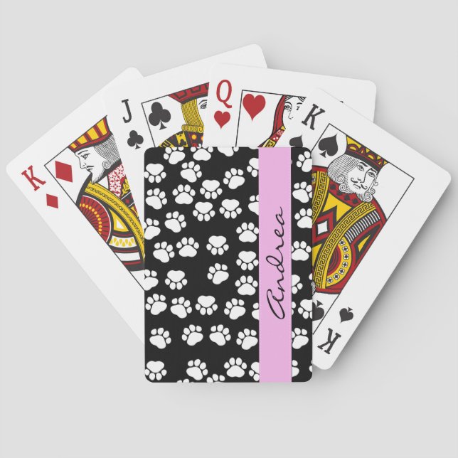 Paw Pattern, Dog Paws, Black and White, Your Name Playing Cards (Back)