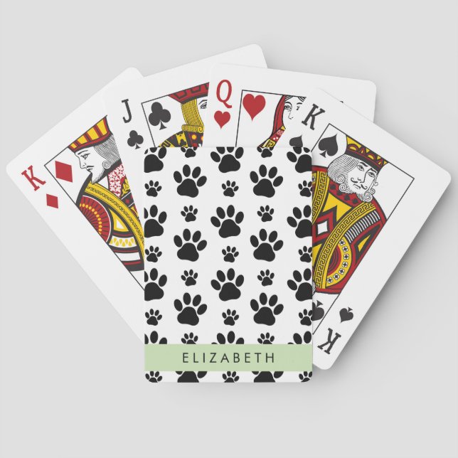 Paw Pattern, Dog Paws, Black and White, Your Name Playing Cards (Back)