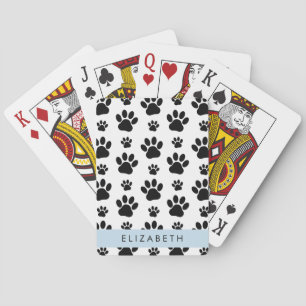 Paw Pattern, Dog Paws, Black and White, Your Name Playing Cards