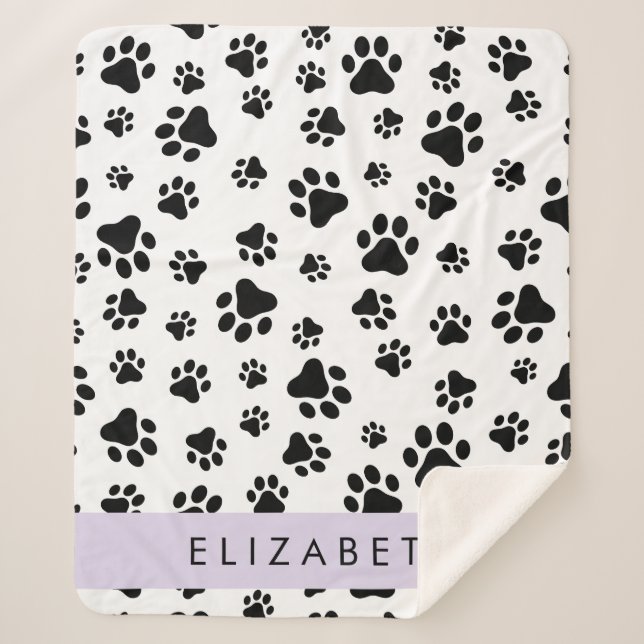 Paw Pattern, Dog Paws, Black and White, Your Name Sherpa Blanket (Front)