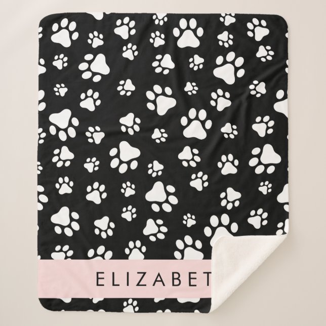 Paw Pattern, Dog Paws, Black and White, Your Name Sherpa Blanket (Front)