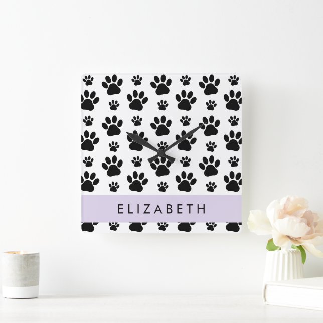 Paw Pattern, Dog Paws, Black and White, Your Name Square Wall Clock (Home)