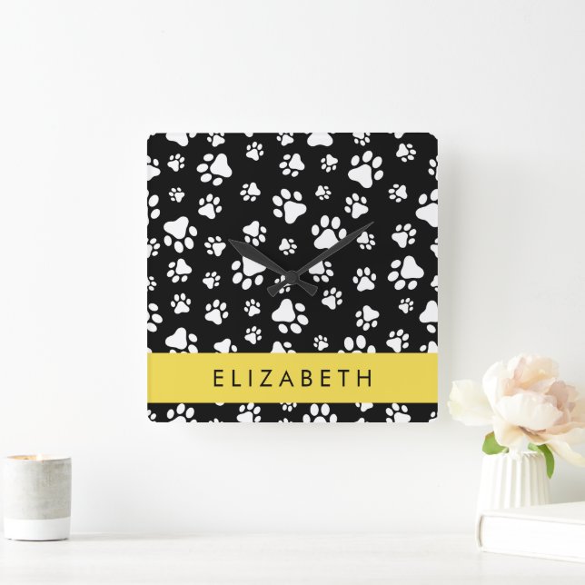 Paw Pattern, Dog Paws, Black and White, Your Name Square Wall Clock (Home)