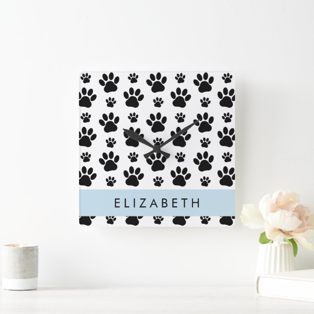 Paw Pattern, Dog Paws, Black and White, Your Name Square Wall Clock (Home)