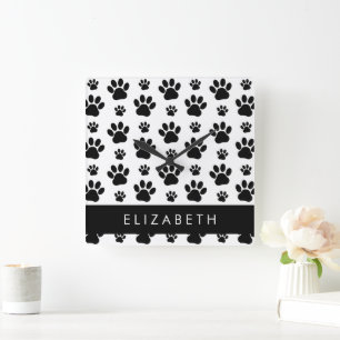 Paw Pattern, Dog Paws, Black and White, Your Name Square Wall Clock
