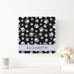 Paw Pattern, Dog Paws, Black and White, Your Name Square Wall Clock