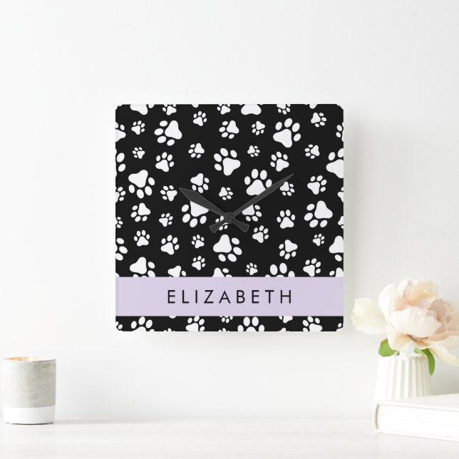 Paw Pattern, Dog Paws, Black and White, Your Name Square Wall Clock (Home)