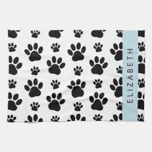 Paw Pattern, Dog Paws, Black and White, Your Name Tea Towel