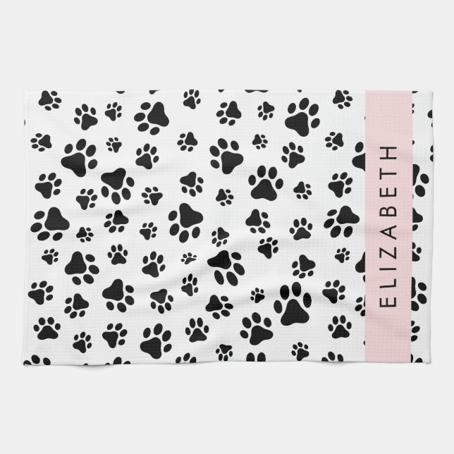 Paw Pattern, Dog Paws, Black and White, Your Name Tea Towel (Horizontal)